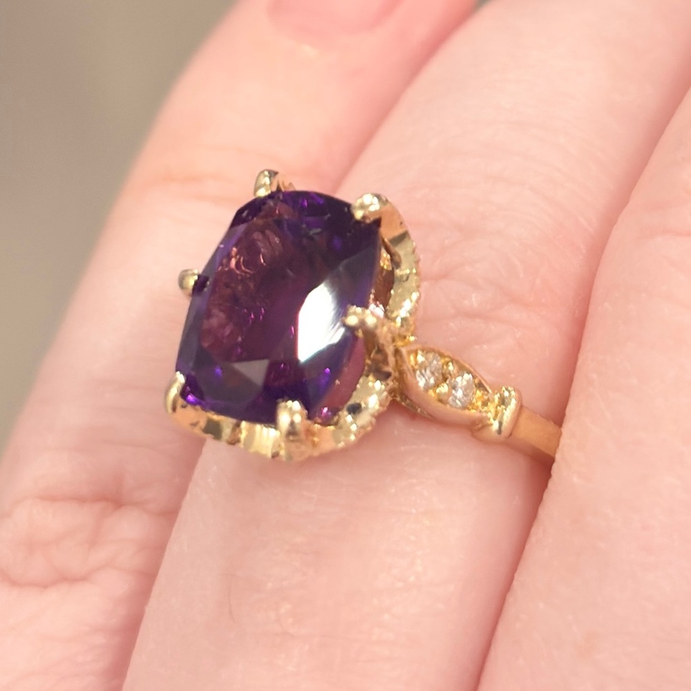 14K Amethyst Diamond Solitaire Ring: Dark Cushion Cut Elegant Milgrain Size 6.5